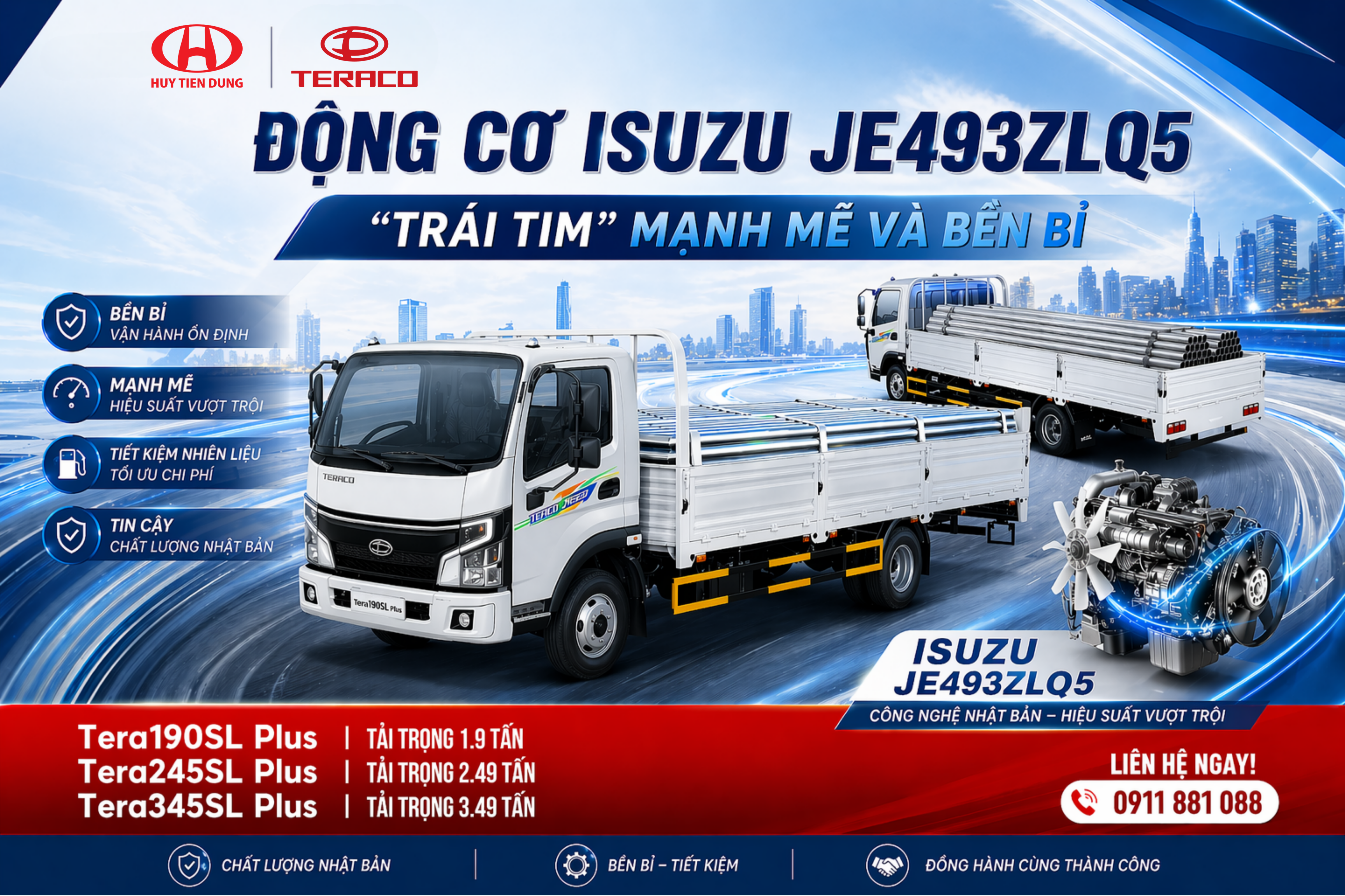 ĐỘNG CƠ ISUZU JE493ZLQ5 – NỀN TẢNG VẬN HÀNH BỀN BỈ CHO TERACO THÙNG DÀI 6M3 PLUS